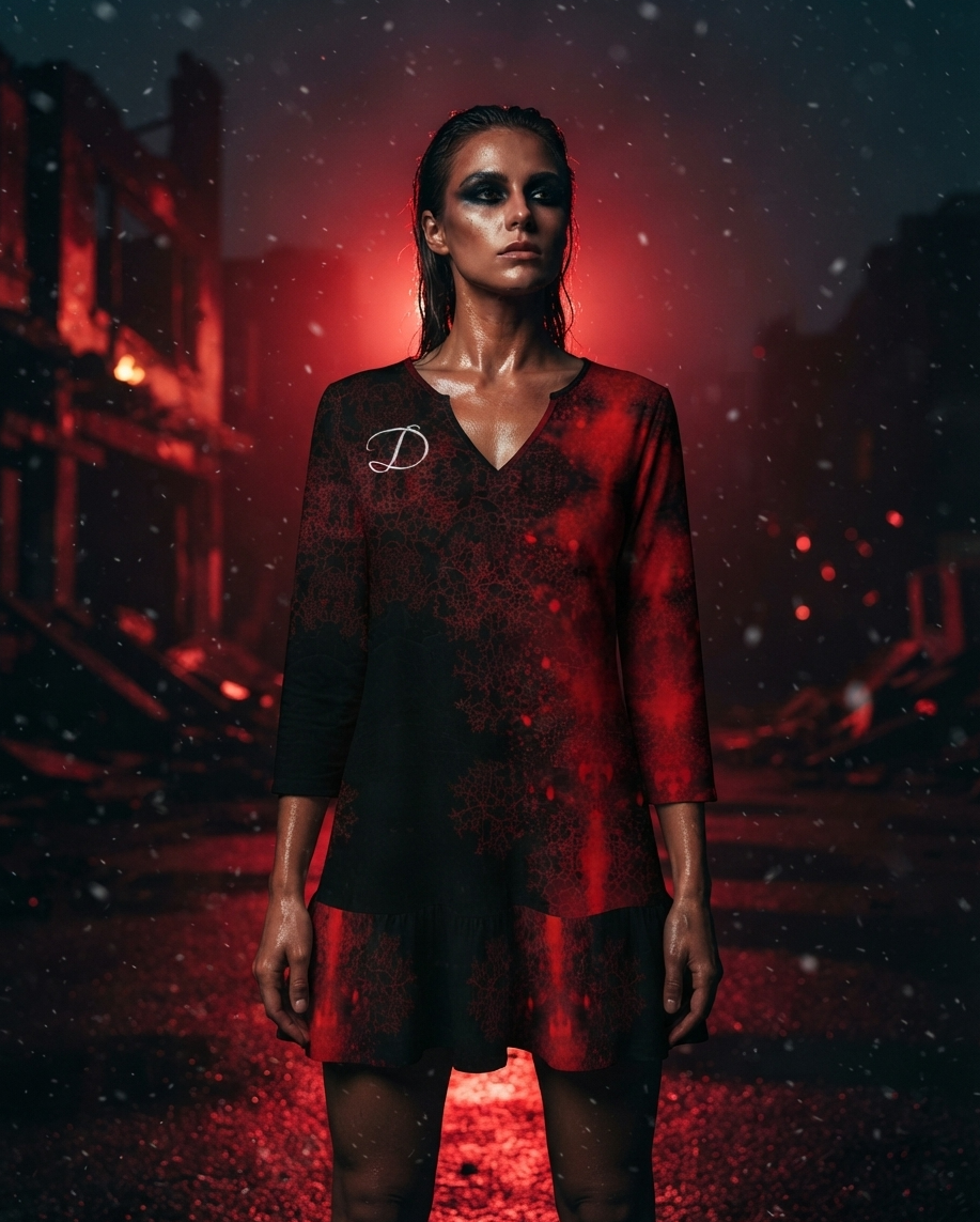 Vestido Mini DAZMOND® Long-Sleeve V-Neck Ruffle "Crimson Nebula"