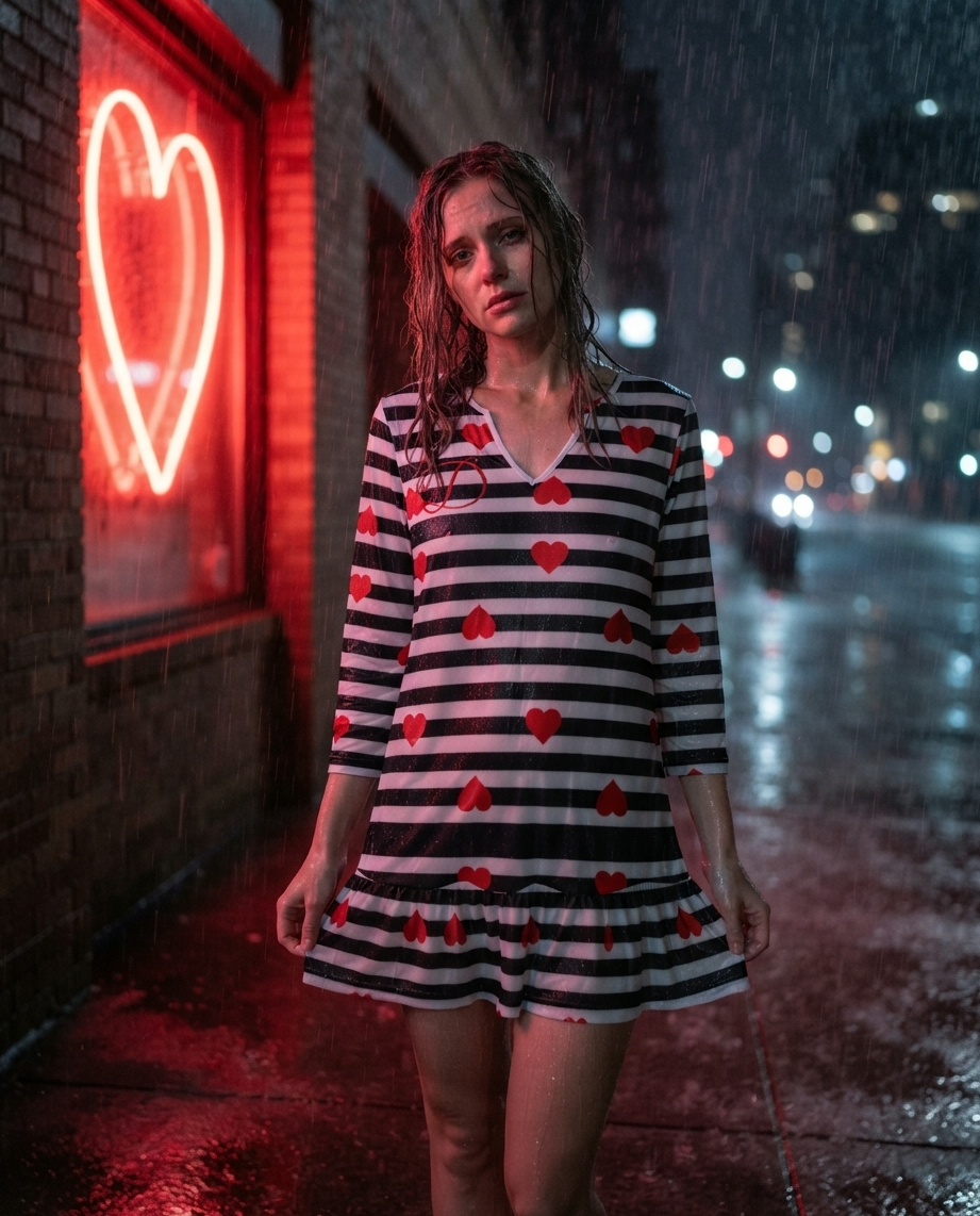 Vestido Mini DAZMOND® Long-Sleeve V-Neck Ruffle "Striped Hearts"