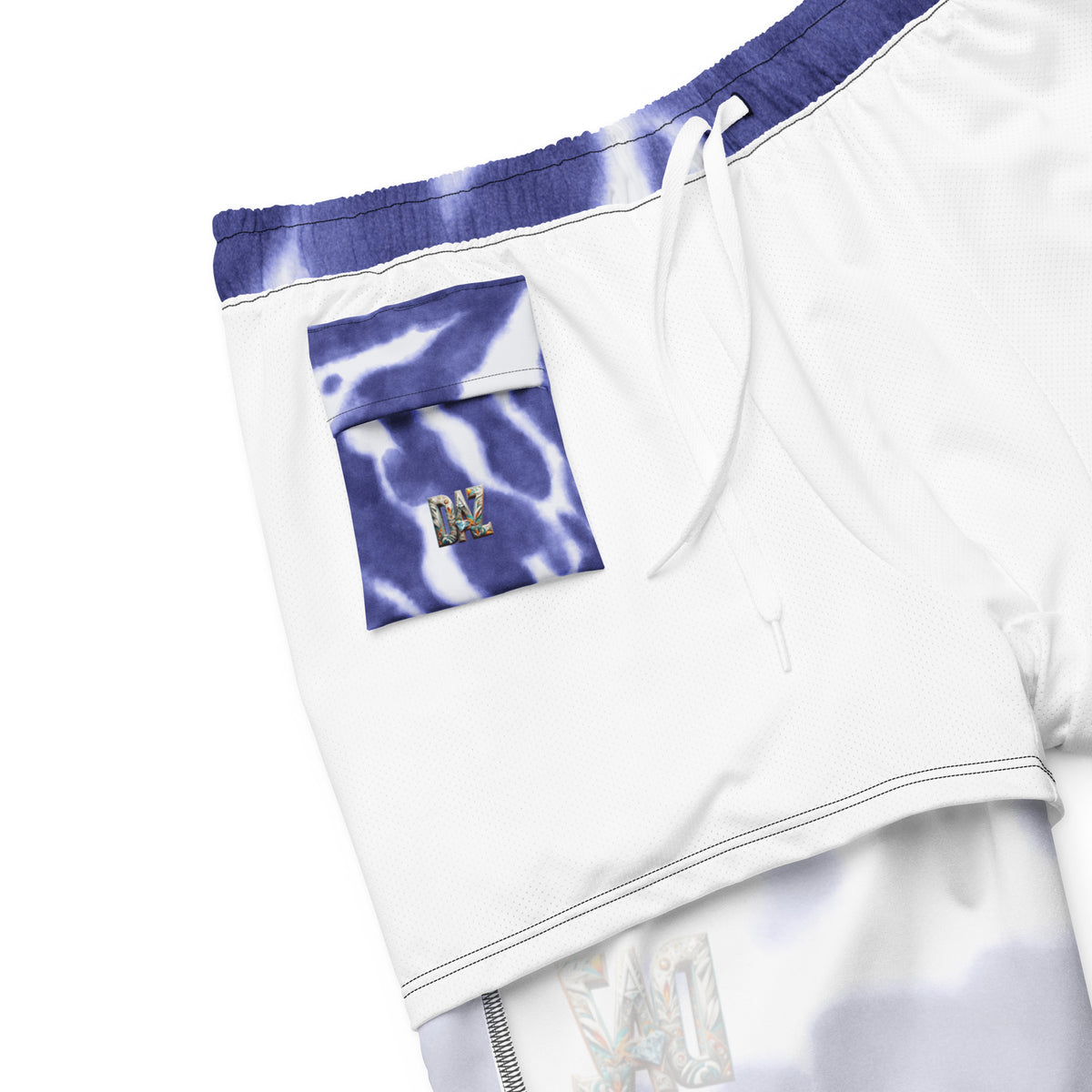 DAZMOND® Luxury "Indigo Tie-Dye Clouds & Crest Jewel" Premium Men's Swim Trunks