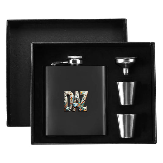 Juego de petaca personalizada de 7 oz de acero inoxidable negro DAZ Luxury con caja de regalo