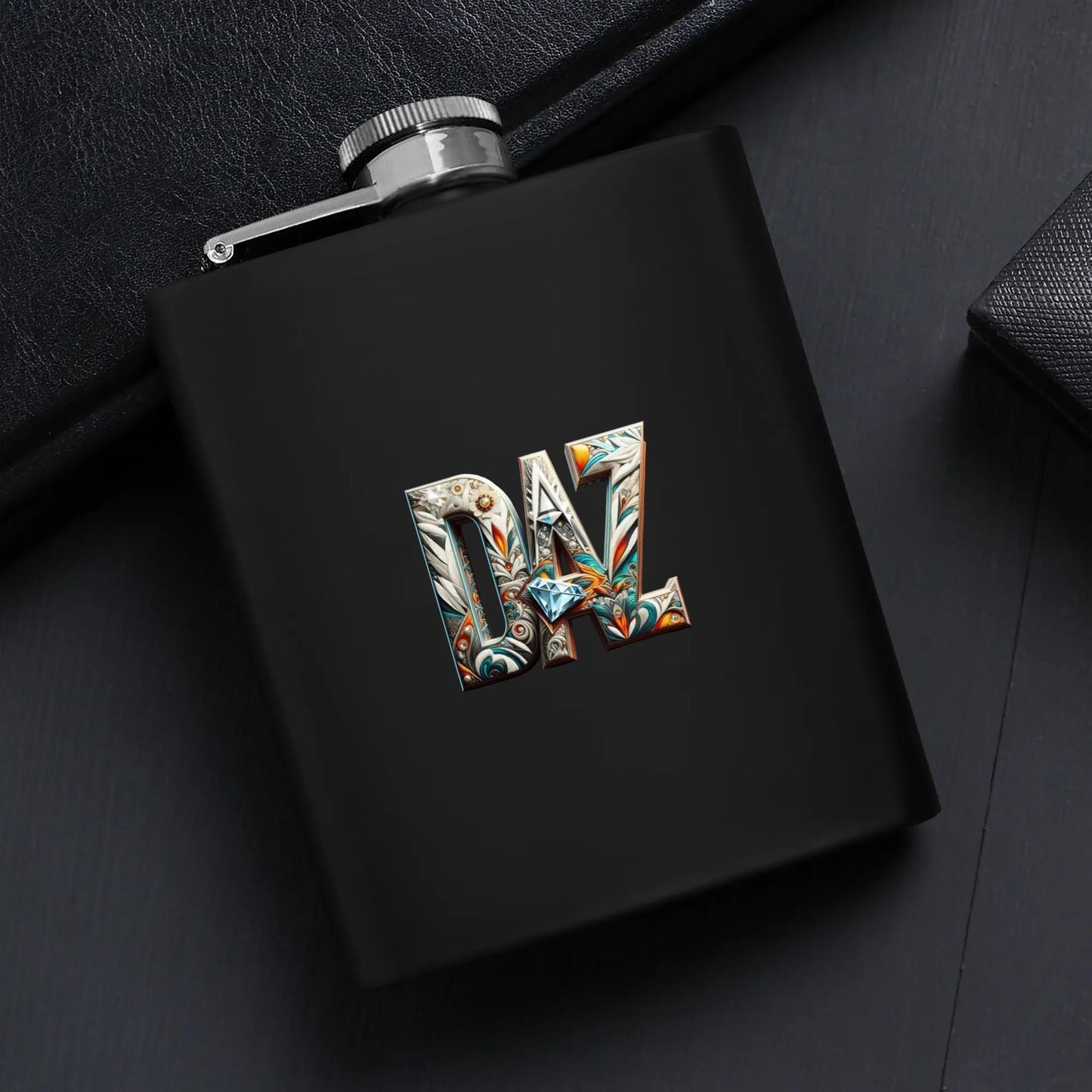 Juego de petaca personalizada de 7 oz de acero inoxidable negro DAZ Luxury con caja de regalo