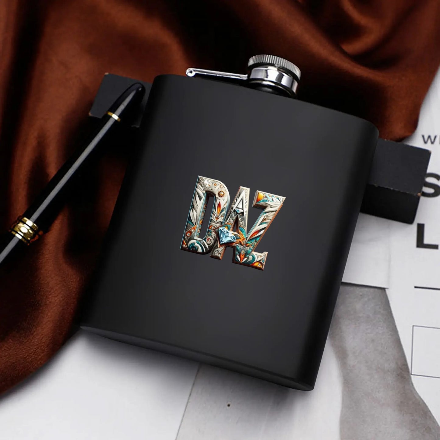 Juego de petaca personalizada de 7 oz de acero inoxidable negro DAZ Luxury con caja de regalo