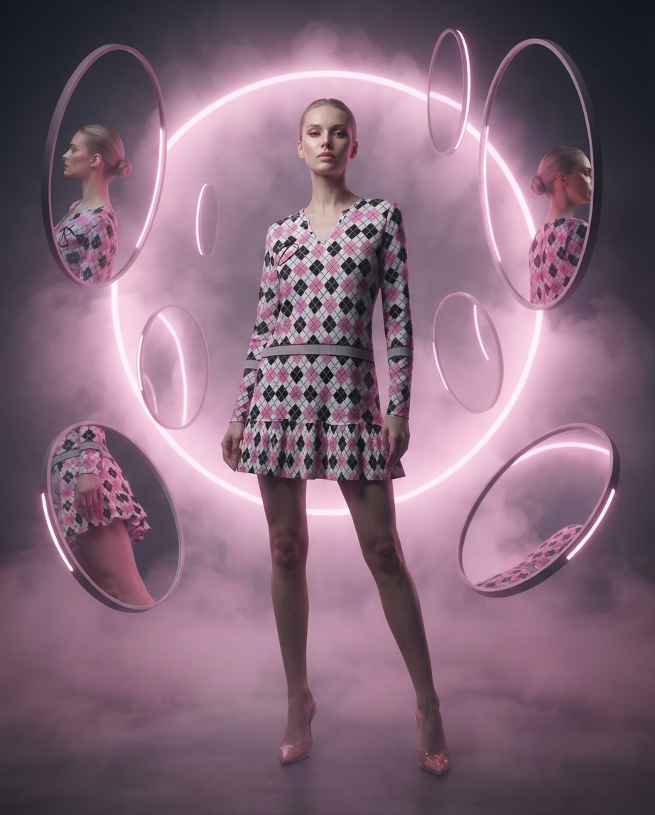 Vestido Mini DAZMOND® Long-Sleeve V-Neck Ruffle "Pink Argyle"