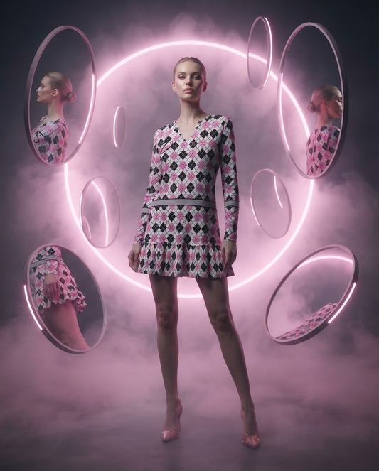 Vestido Mini DAZMOND® Long-Sleeve V-Neck Ruffle "Pink Argyle"