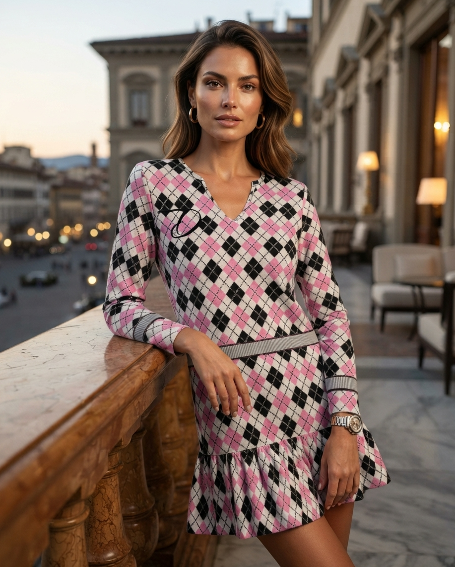Vestido Mini DAZMOND® Long-Sleeve V-Neck Ruffle "Pink Argyle"