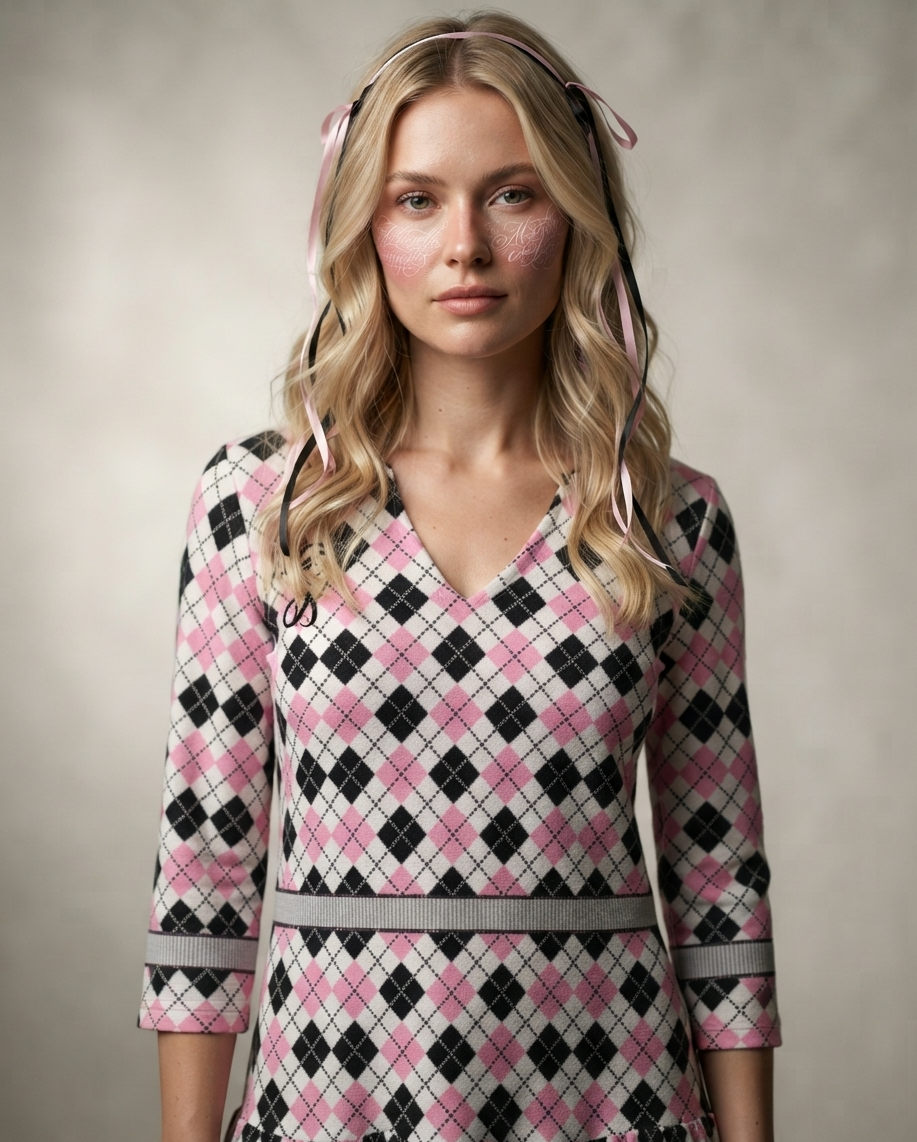 Vestido Mini DAZMOND® Long-Sleeve V-Neck Ruffle "Pink Argyle"
