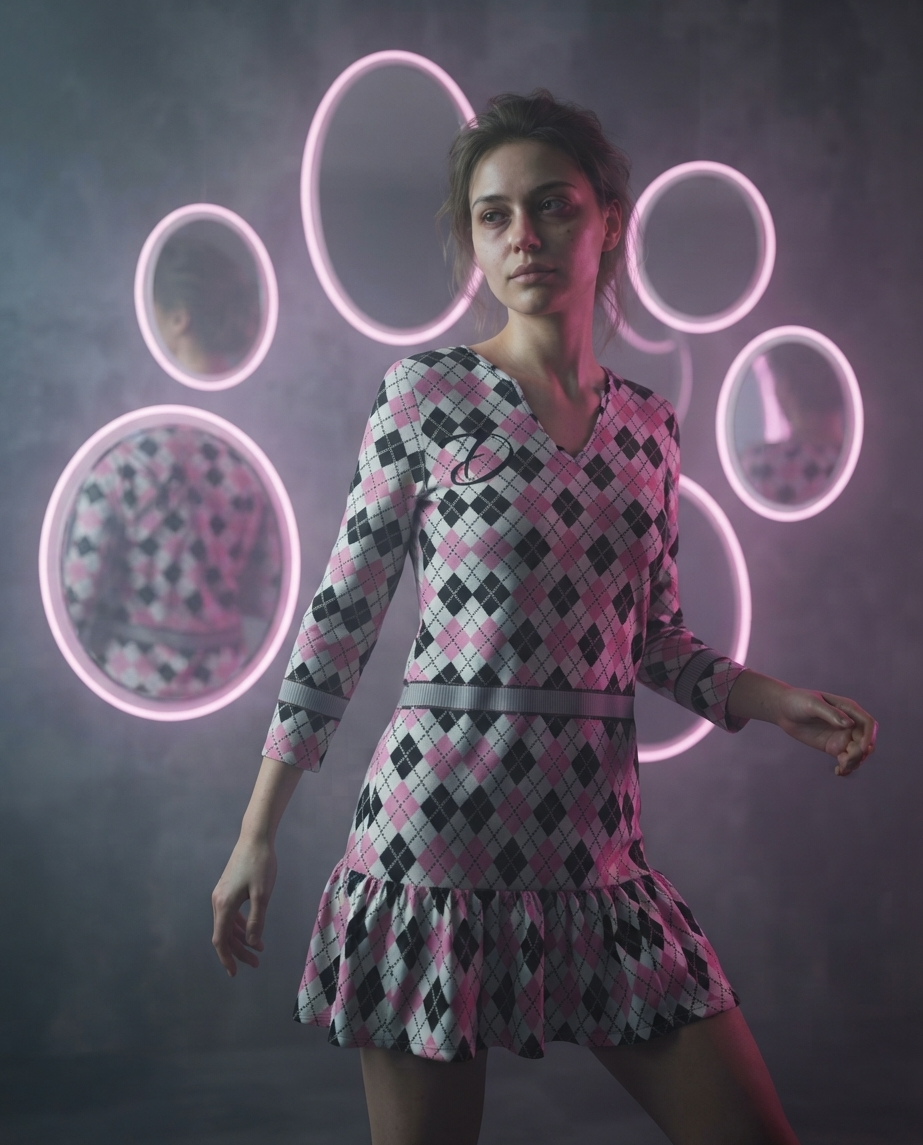 Vestido Mini DAZMOND® Long-Sleeve V-Neck Ruffle "Pink Argyle"