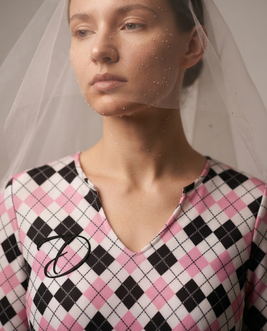 Vestido Mini DAZMOND® Long-Sleeve V-Neck Ruffle "Pink Argyle"