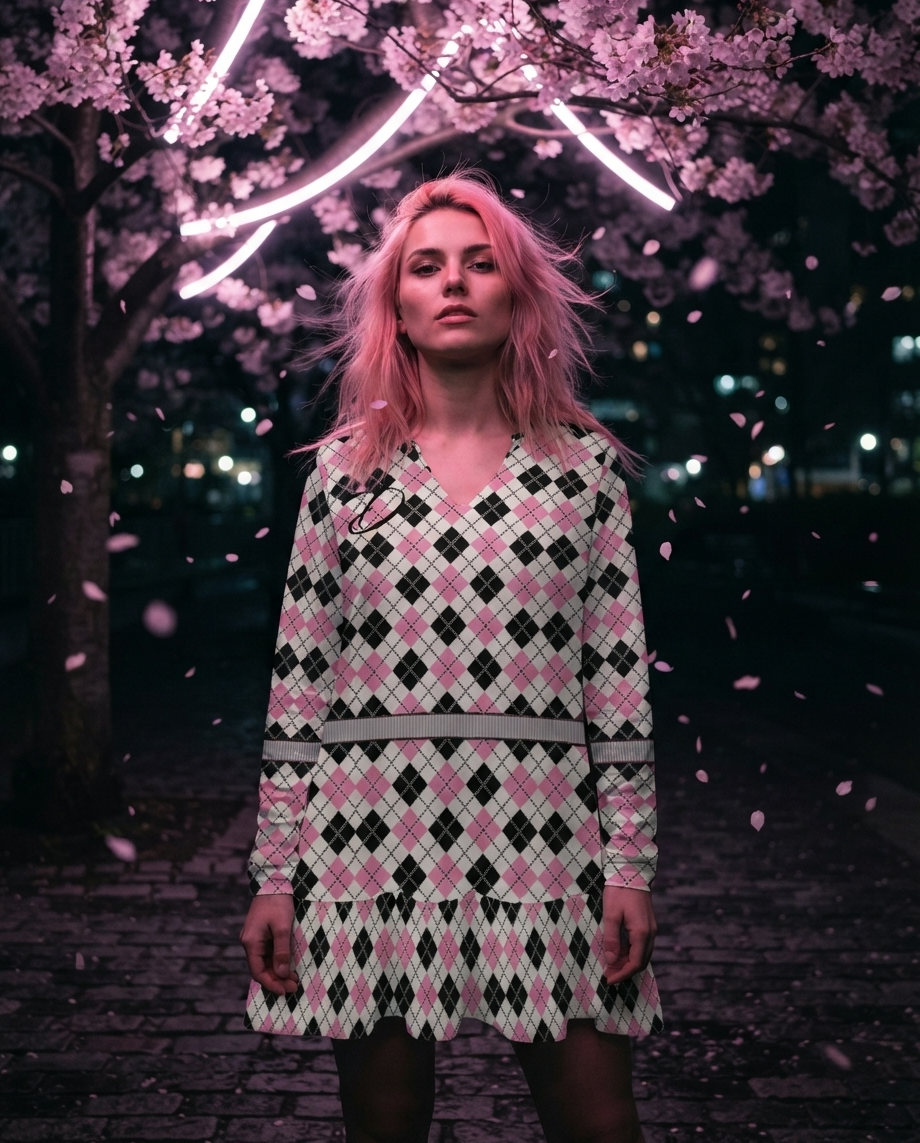 Vestido Mini DAZMOND® Long-Sleeve V-Neck Ruffle "Pink Argyle"