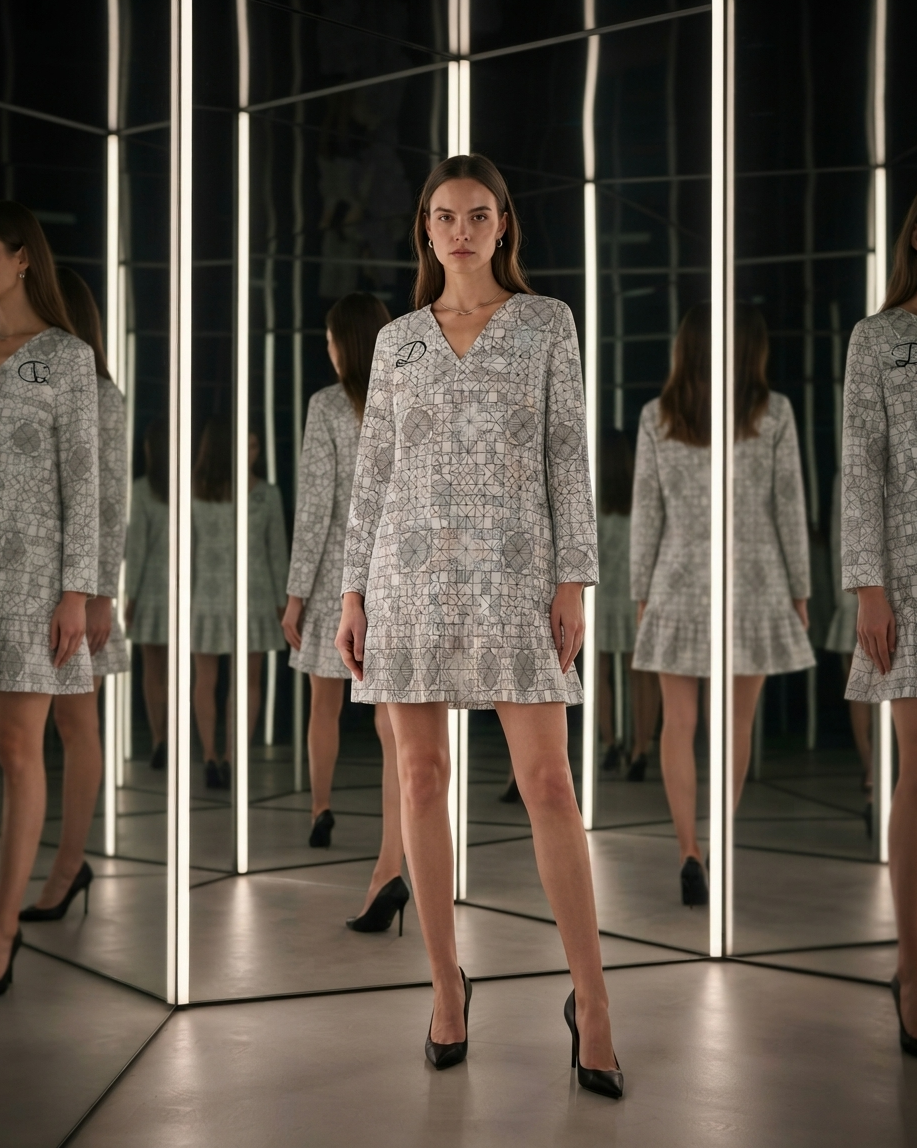 Vestido Mini DAZMOND® Long-Sleeve V-Neck Ruffle "Geometric Monogram"