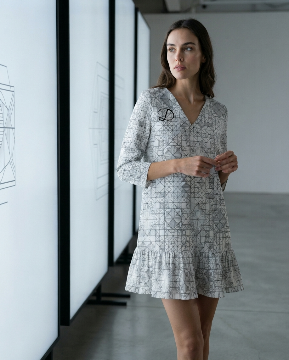 Vestido Mini DAZMOND® Long-Sleeve V-Neck Ruffle "Geometric Monogram"