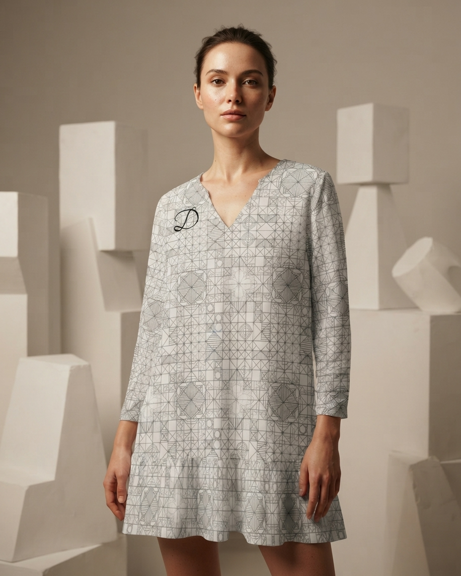 Vestido Mini DAZMOND® Long-Sleeve V-Neck Ruffle "Geometric Monogram"