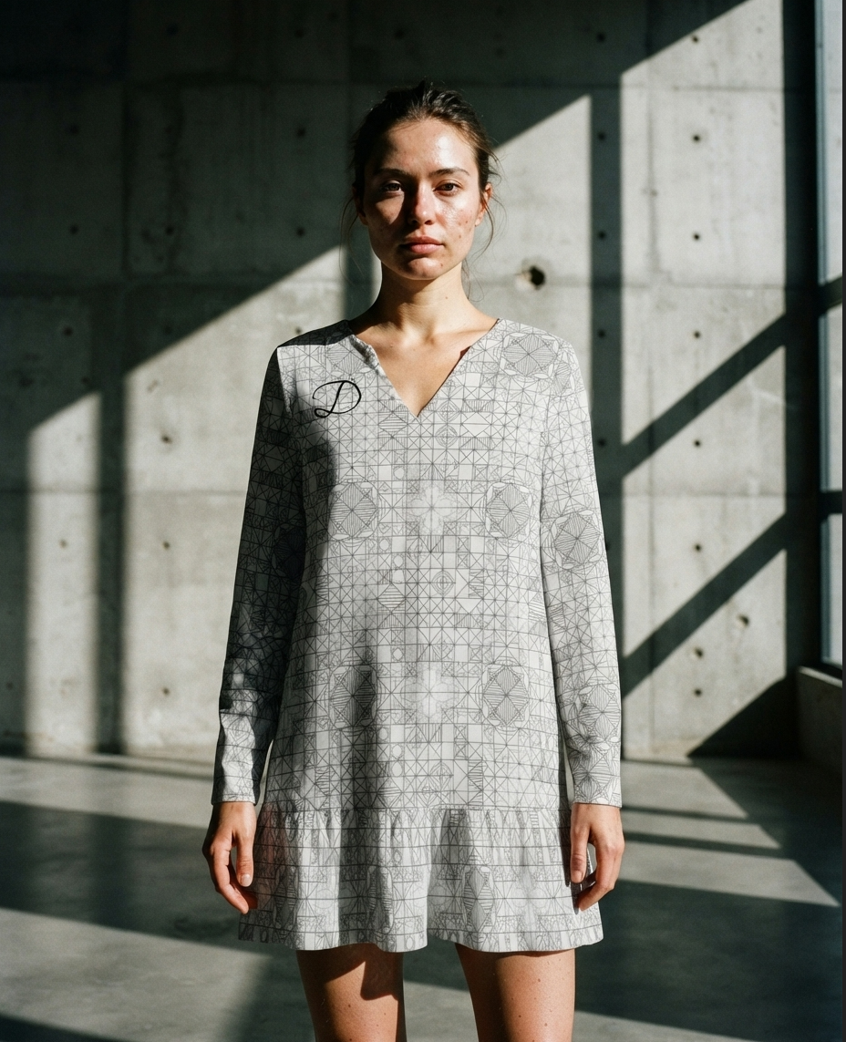 Vestido Mini DAZMOND® Long-Sleeve V-Neck Ruffle "Geometric Monogram"