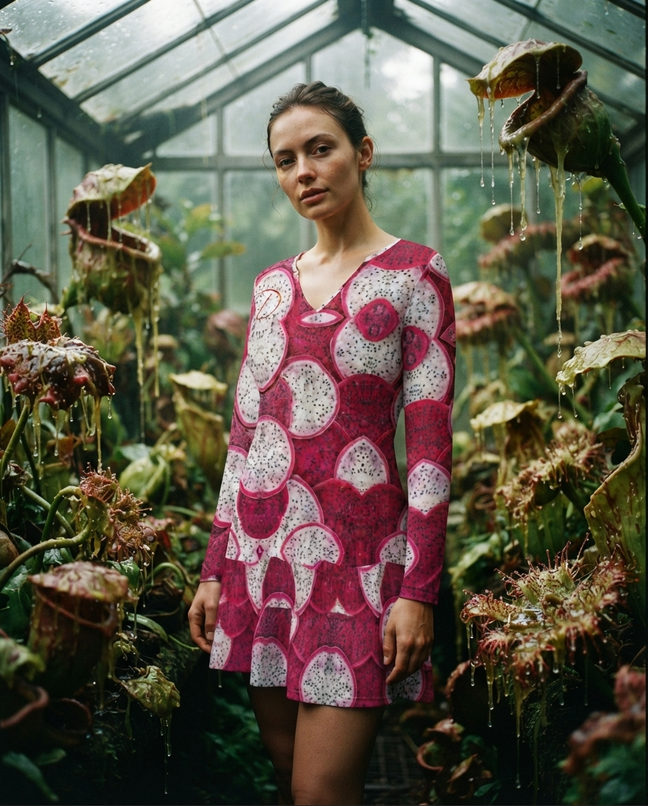 Vestido Mini DAZMOND® Long-Sleeve V-Neck Ruffle "Dragon Fruit Reverie"