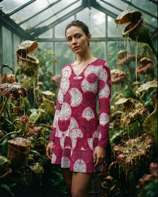 Vestido Mini DAZMOND® Long-Sleeve V-Neck Ruffle "Dragon Fruit Reverie"