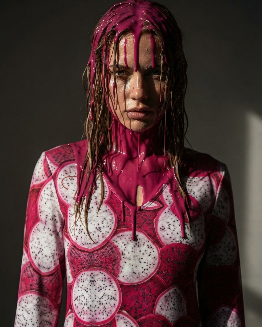 Vestido Mini DAZMOND® Long-Sleeve V-Neck Ruffle "Dragon Fruit Reverie"