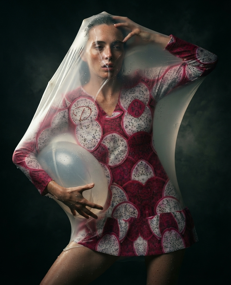 Vestido Mini DAZMOND® Long-Sleeve V-Neck Ruffle "Dragon Fruit Reverie"