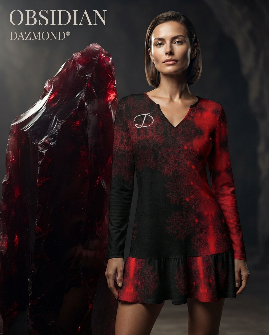 Vestido Mini DAZMOND® Long-Sleeve V-Neck Ruffle "Crimson Nebula"