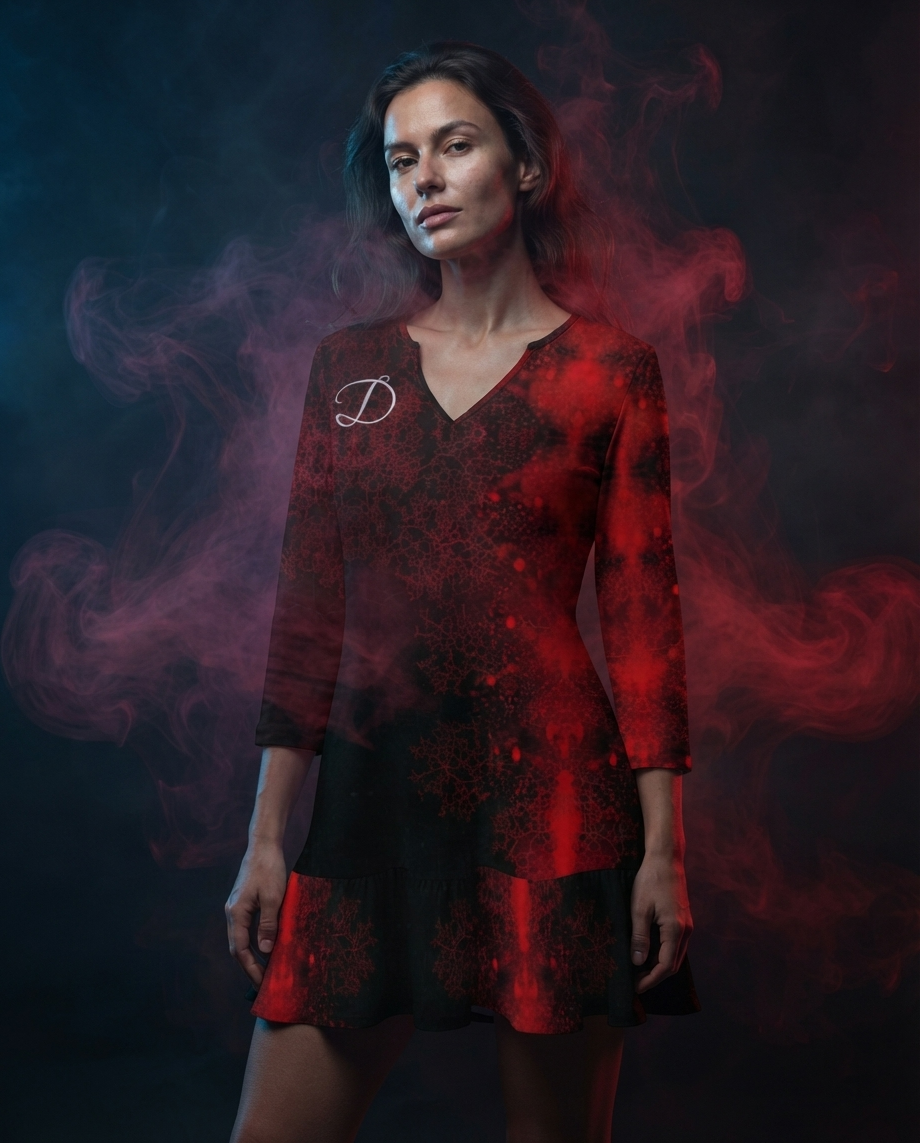 Vestido Mini DAZMOND® Long-Sleeve V-Neck Ruffle "Crimson Nebula"