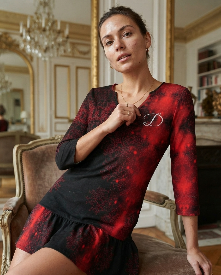 Vestido Mini DAZMOND® Long-Sleeve V-Neck Ruffle "Crimson Nebula"