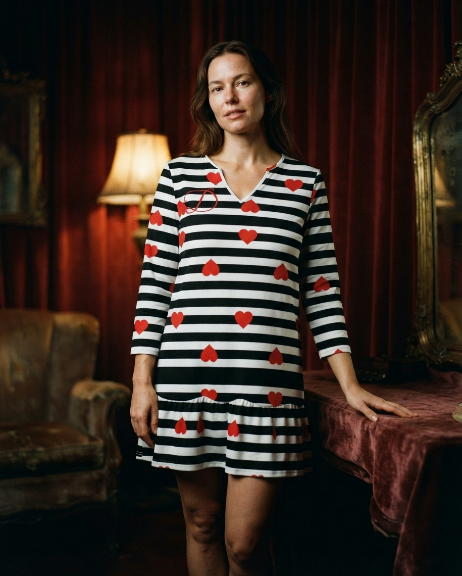 Vestido Mini DAZMOND® Long-Sleeve V-Neck Ruffle "Striped Hearts"