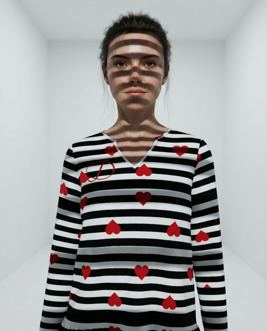 Vestido Mini DAZMOND® Long-Sleeve V-Neck Ruffle "Striped Hearts"