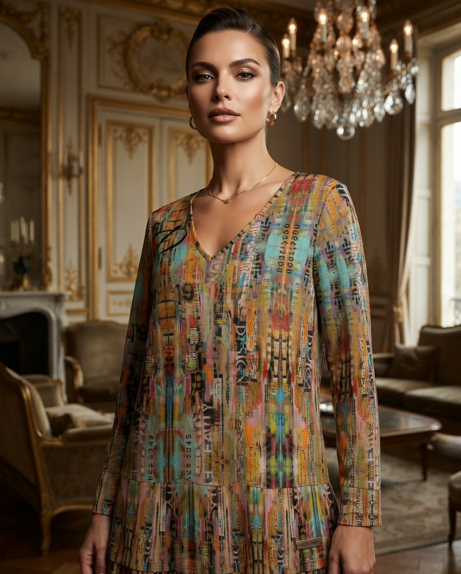 Vestido Mini DAZMOND® Long-Sleeve V-Neck Ruffle "Urban Collage"