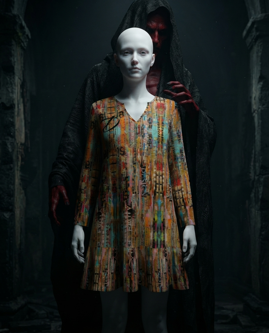 Vestido Mini DAZMOND® Long-Sleeve V-Neck Ruffle "Urban Collage"