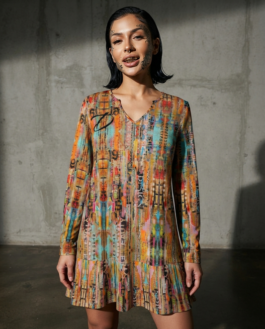 Vestido Mini DAZMOND® Long-Sleeve V-Neck Ruffle "Urban Collage"