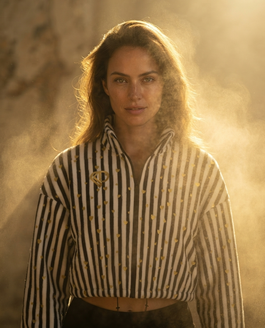 Chaqueta Crop de Forro Polar DAZMOND® – "Golden Heart Stripes"