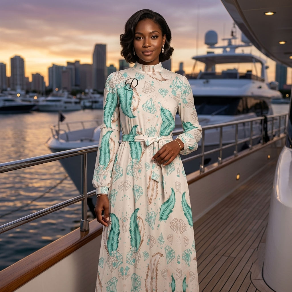 DAZMOND® Luxury "Golden Feathers" High-Neck Maxi Dress