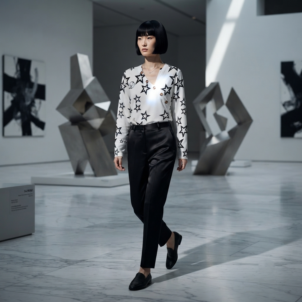 DAZMOND® Luxury "Celestial Asymmetry" Monogram Blouse