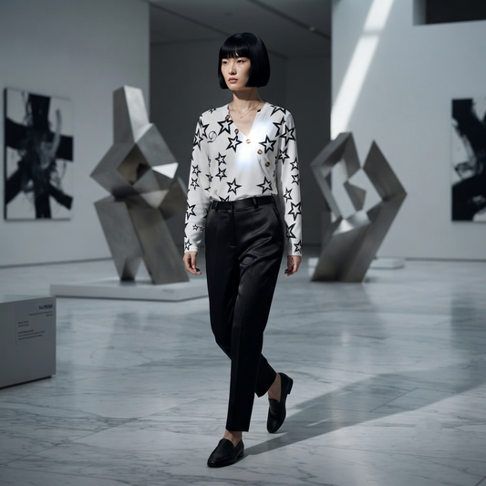 DAZMOND® Luxury "Celestial Asymmetry" Monogram Blouse