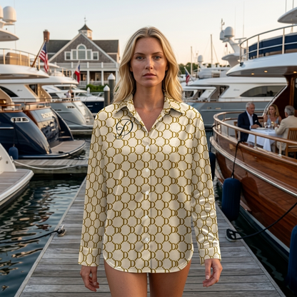 DAZMOND® Luxury "Golden Monogram" Silk Velvet Blouse