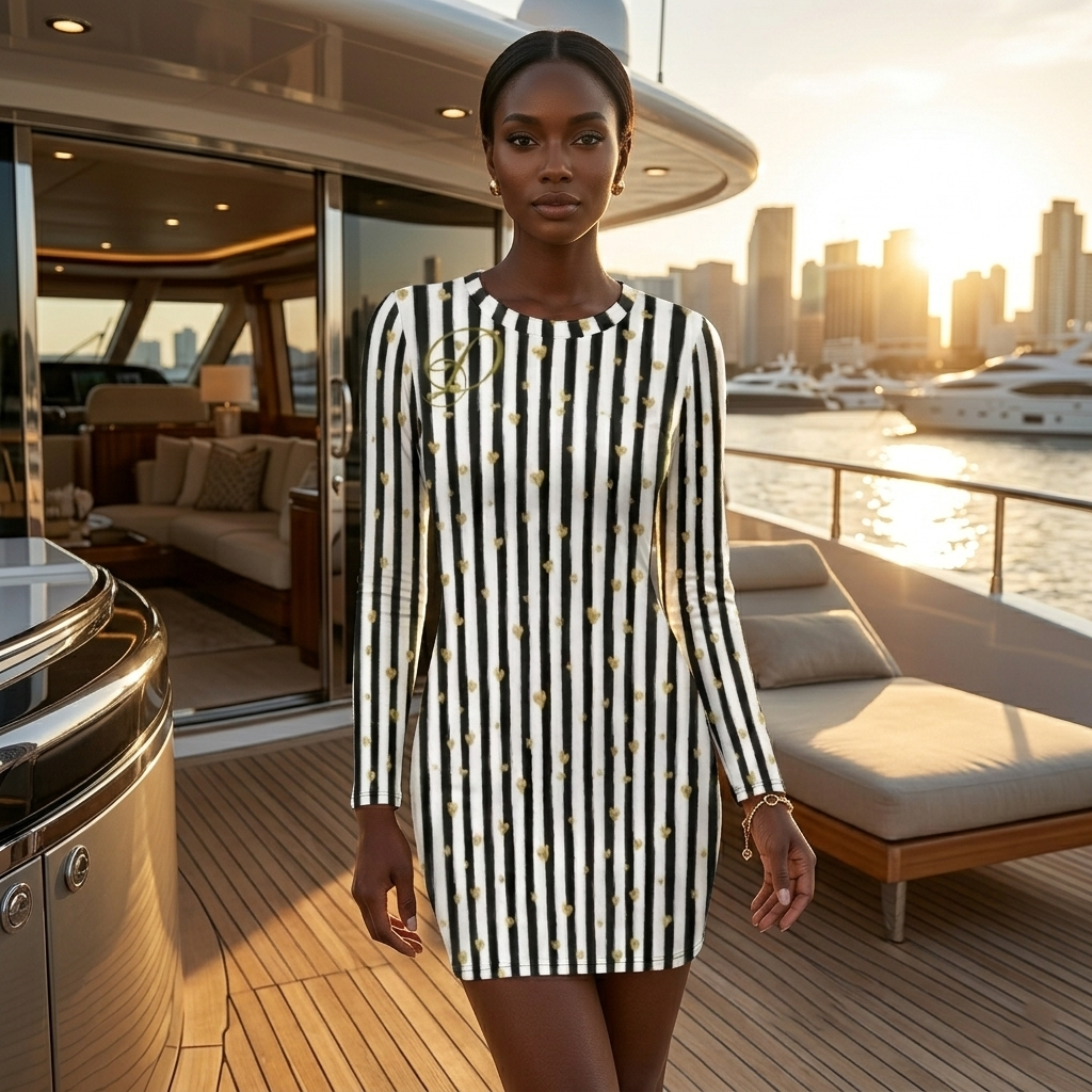 DAZMOND® Luxury "Second Skin" Stripe & Hearts Long Sleeve Dress