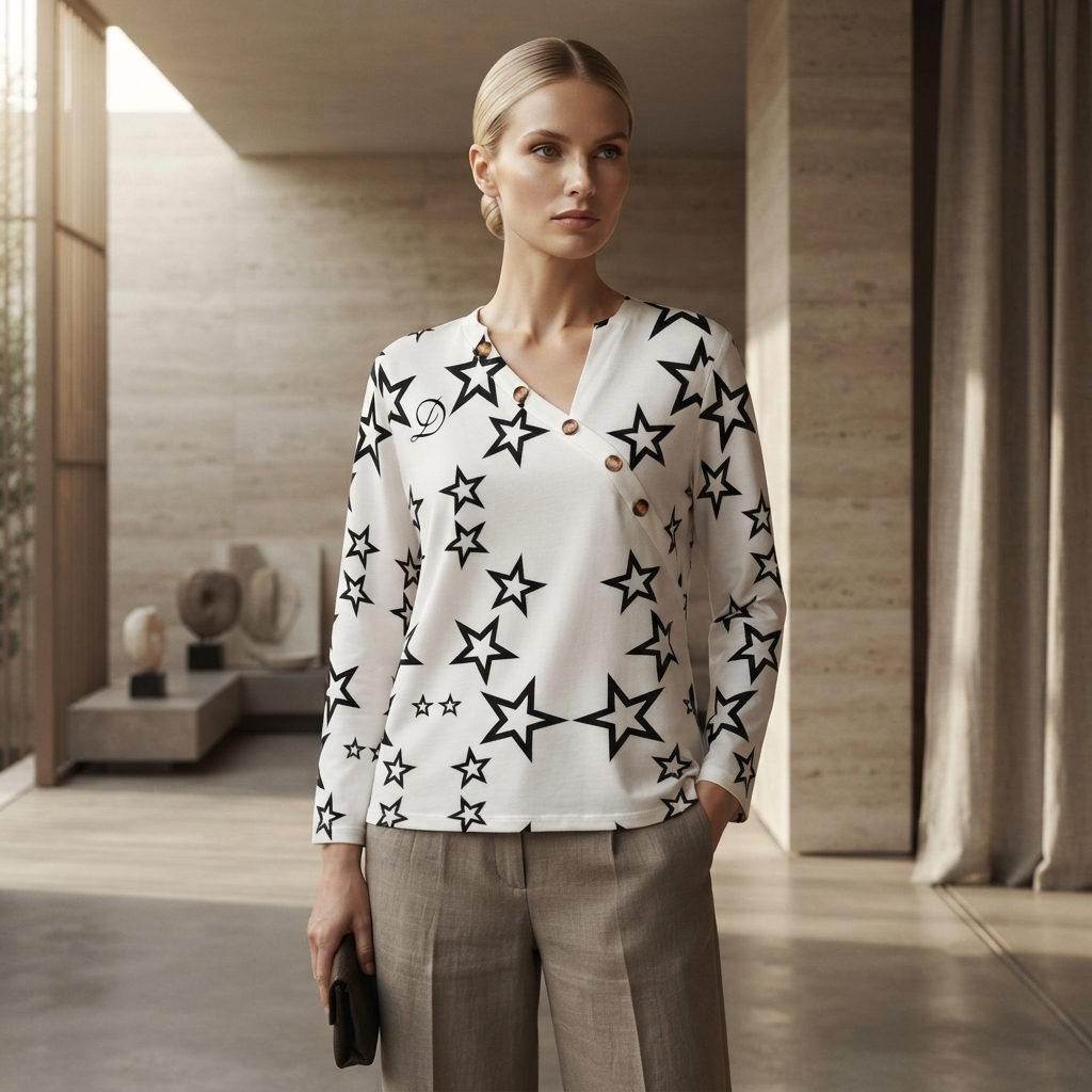 DAZMOND® Luxury "Celestial Asymmetry" Monogram Blouse