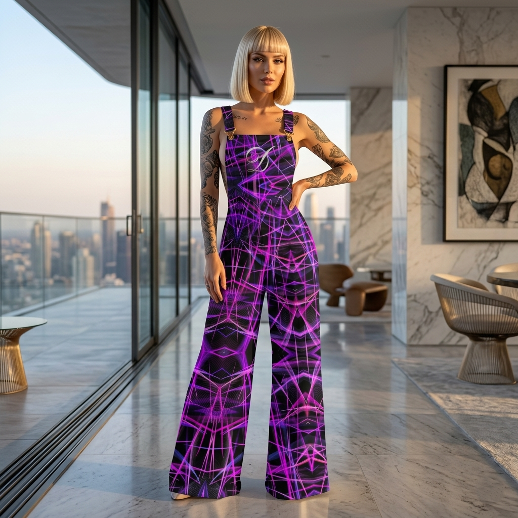 DAZMOND® "Neon Cybergrid" Wide-Leg Dungarees