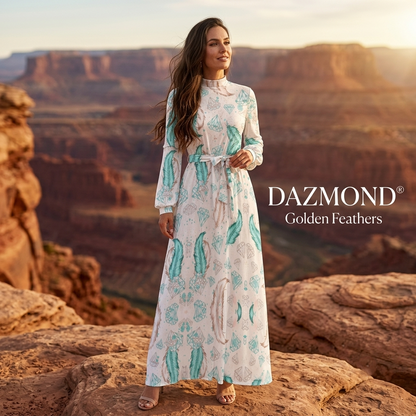 DAZMOND® Luxury "Golden Feathers" High-Neck Maxi Dress