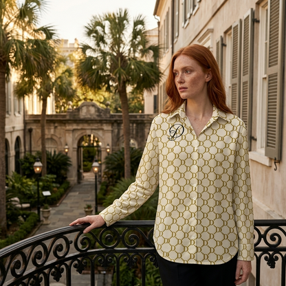 DAZMOND® Luxury "Golden Monogram" Silk Velvet Blouse