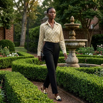 DAZMOND® Luxury "Golden Monogram" Silk Velvet Blouse
