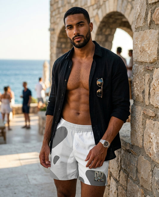 DAZMOND® Luxury "Monochrome Abstract Spots & Crest Jewel" Premium Men's Swim Trunks