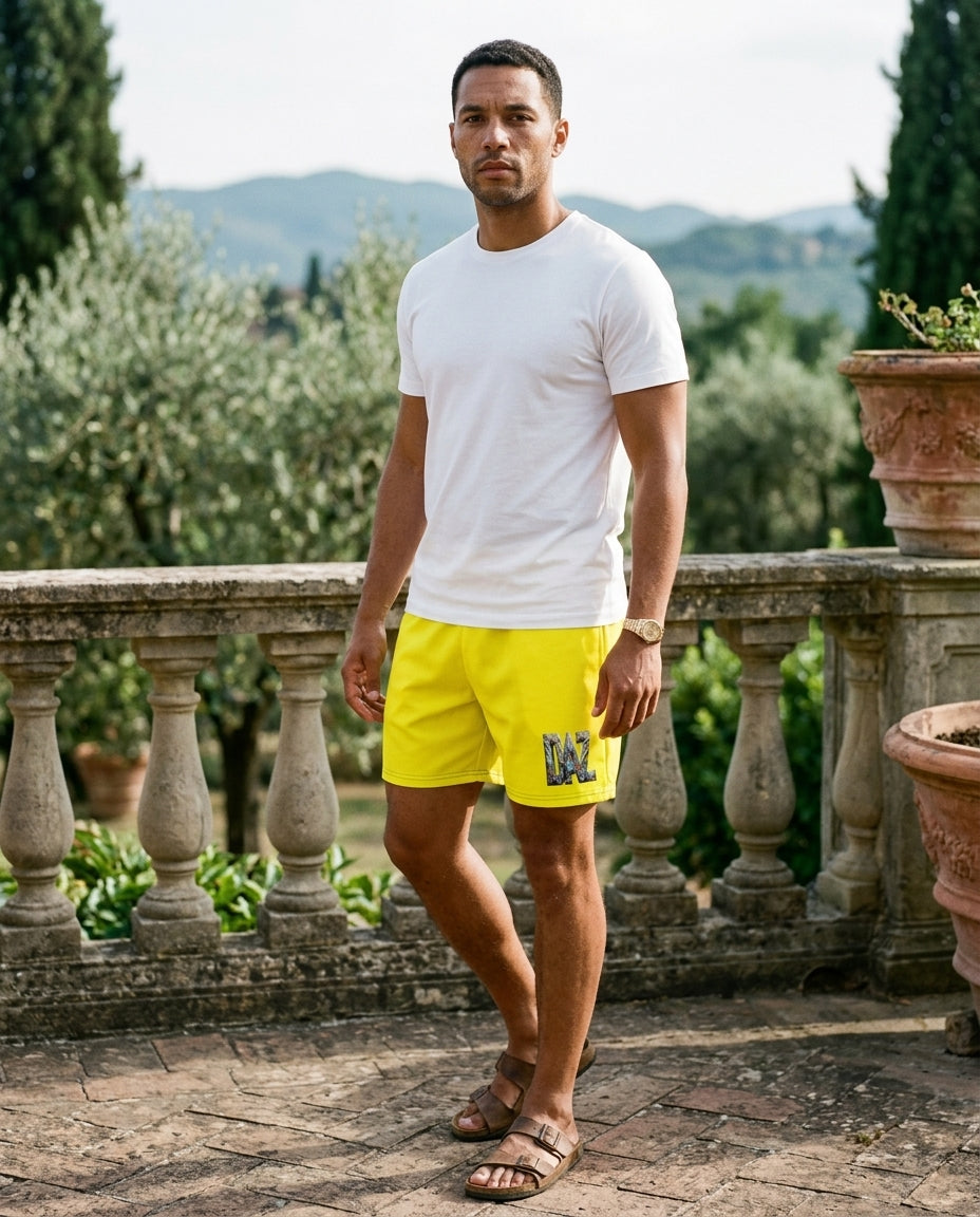 DAZMOND® Luxury "Electric Solar Yellow & Monochrome Jewel" Premium Men's Swim Trunks