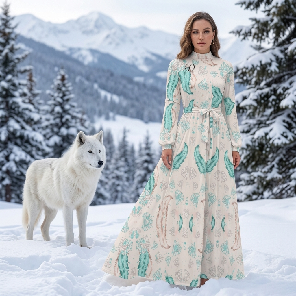 DAZMOND® Luxury "Golden Feathers" High-Neck Maxi Dress