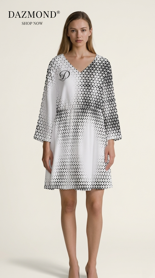 DAZMOND® Luxury "Optical Matrix" V-Neck Dress