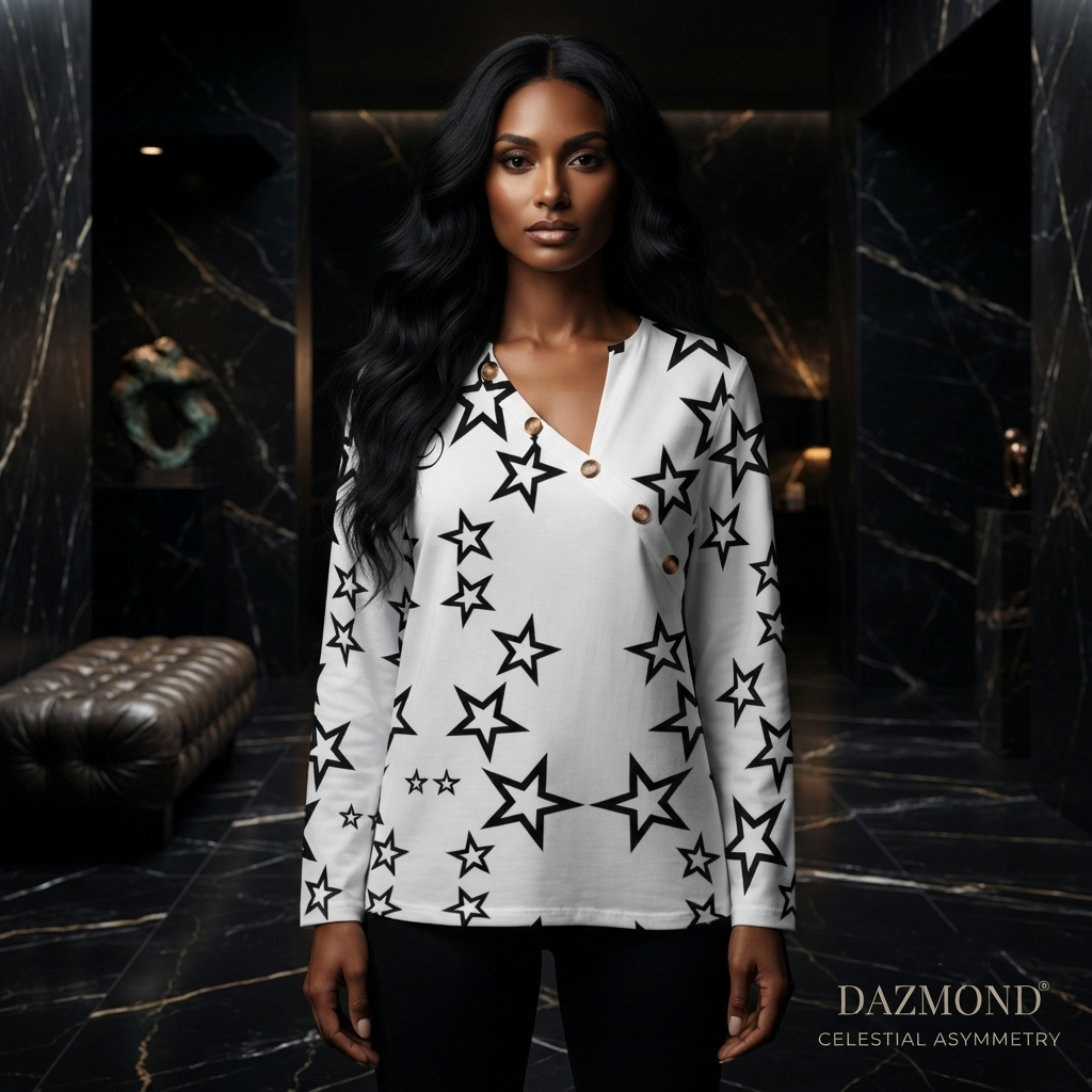DAZMOND® Luxury "Celestial Asymmetry" Monogram Blouse
