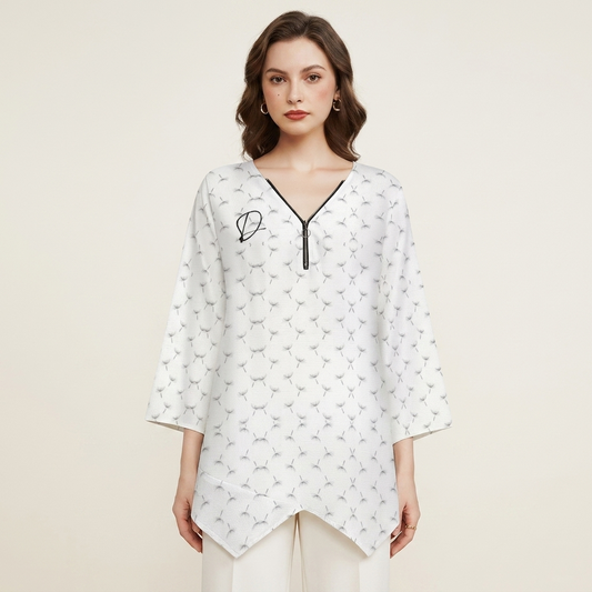 DAZMOND® Luxury "Dandelion Breeze" V-Neck Zip Top