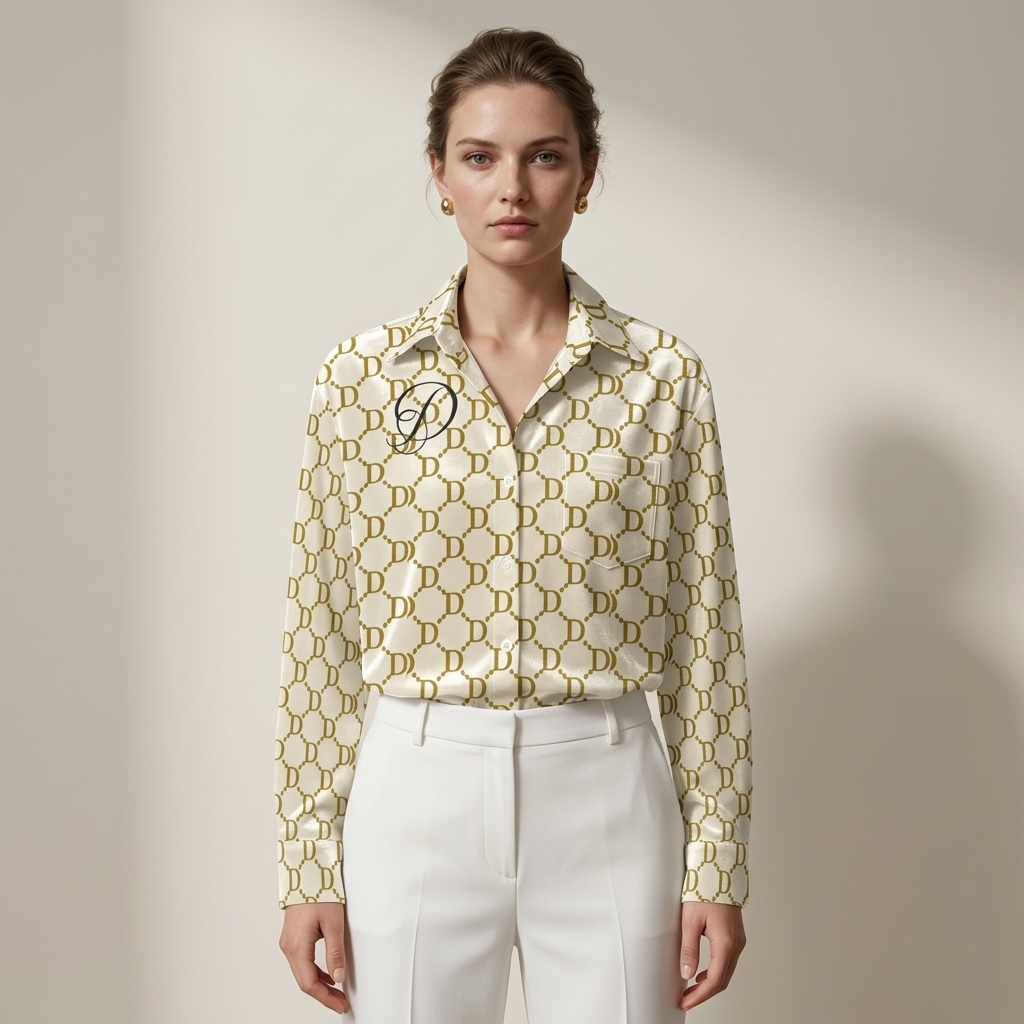 DAZMOND® Luxury "Golden Monogram" Silk Velvet Blouse