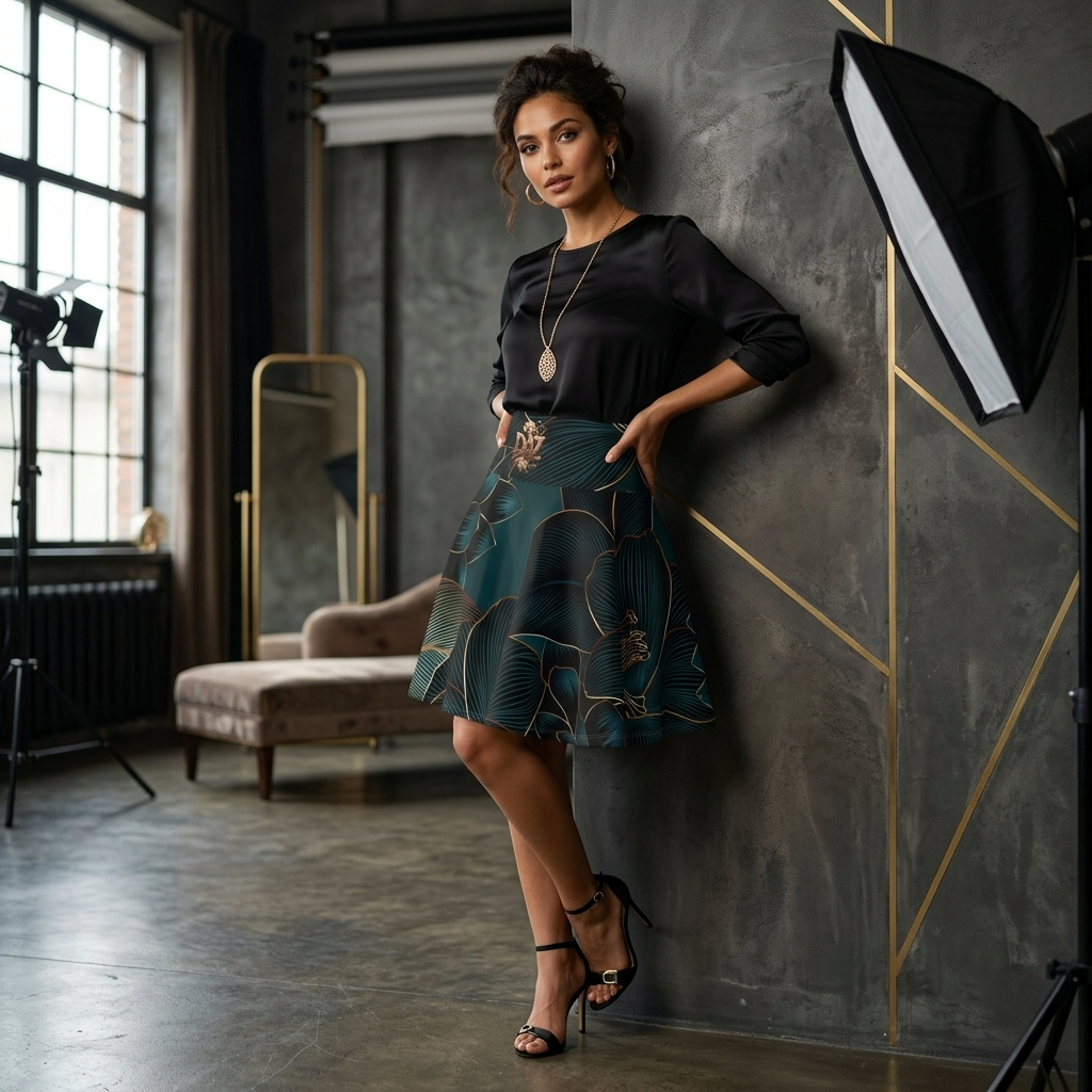 DAZMOND® Luxury "Midnight Floral & Bronze" Skater Skirt