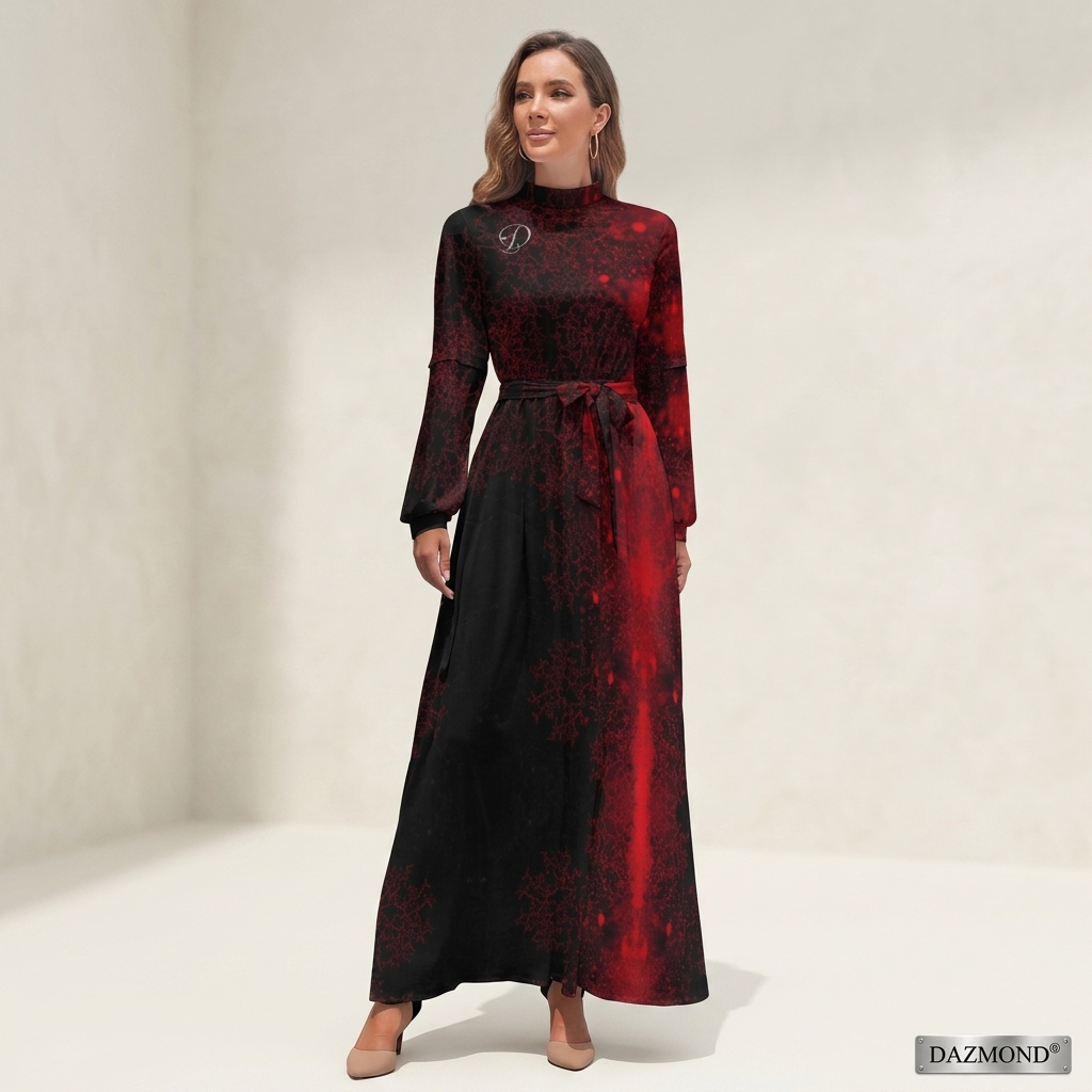 DAZMOND® Luxury "Crimson Nebula" High-Neck Maxi Dress