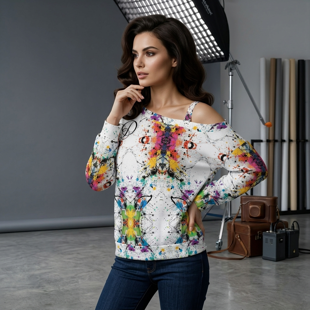 DAZMOND® Luxury "Chromatic Splash" Cold Shoulder Sweatshirt